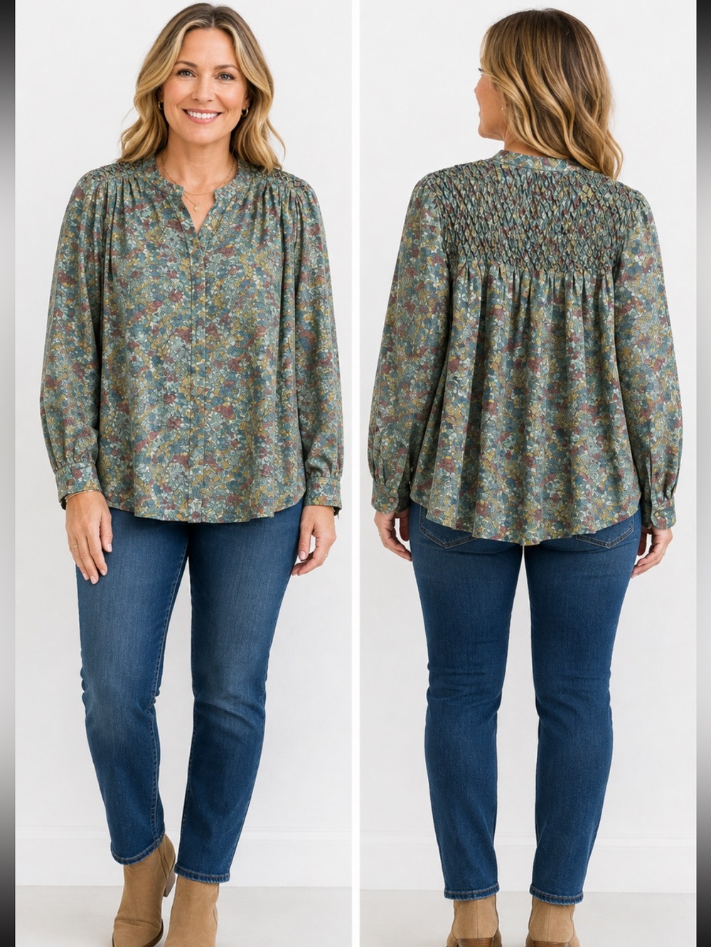 Sundays by We Are Sundays Sage Green Floral Cotton Silk Blouse Cottagecore Top